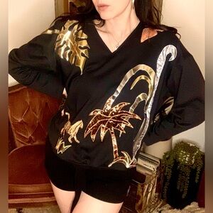 Vintage Black Tropical Print Applique Sweater